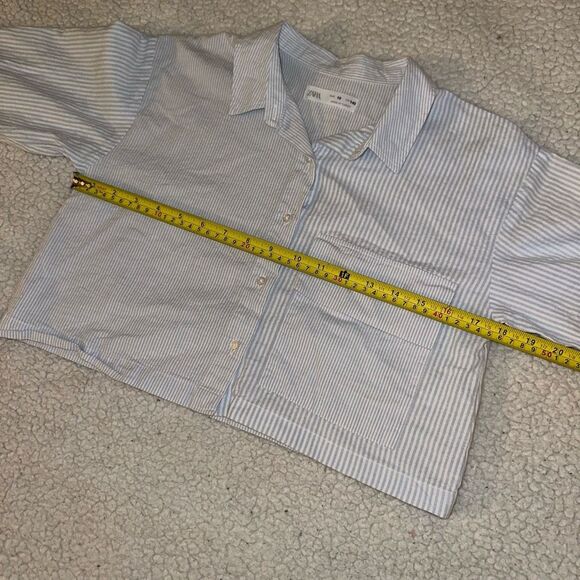 Zara Girls Size 10 Button Down Crop LS Blouse Shirt Blue White Stripes EUC - Picture 8 of 11